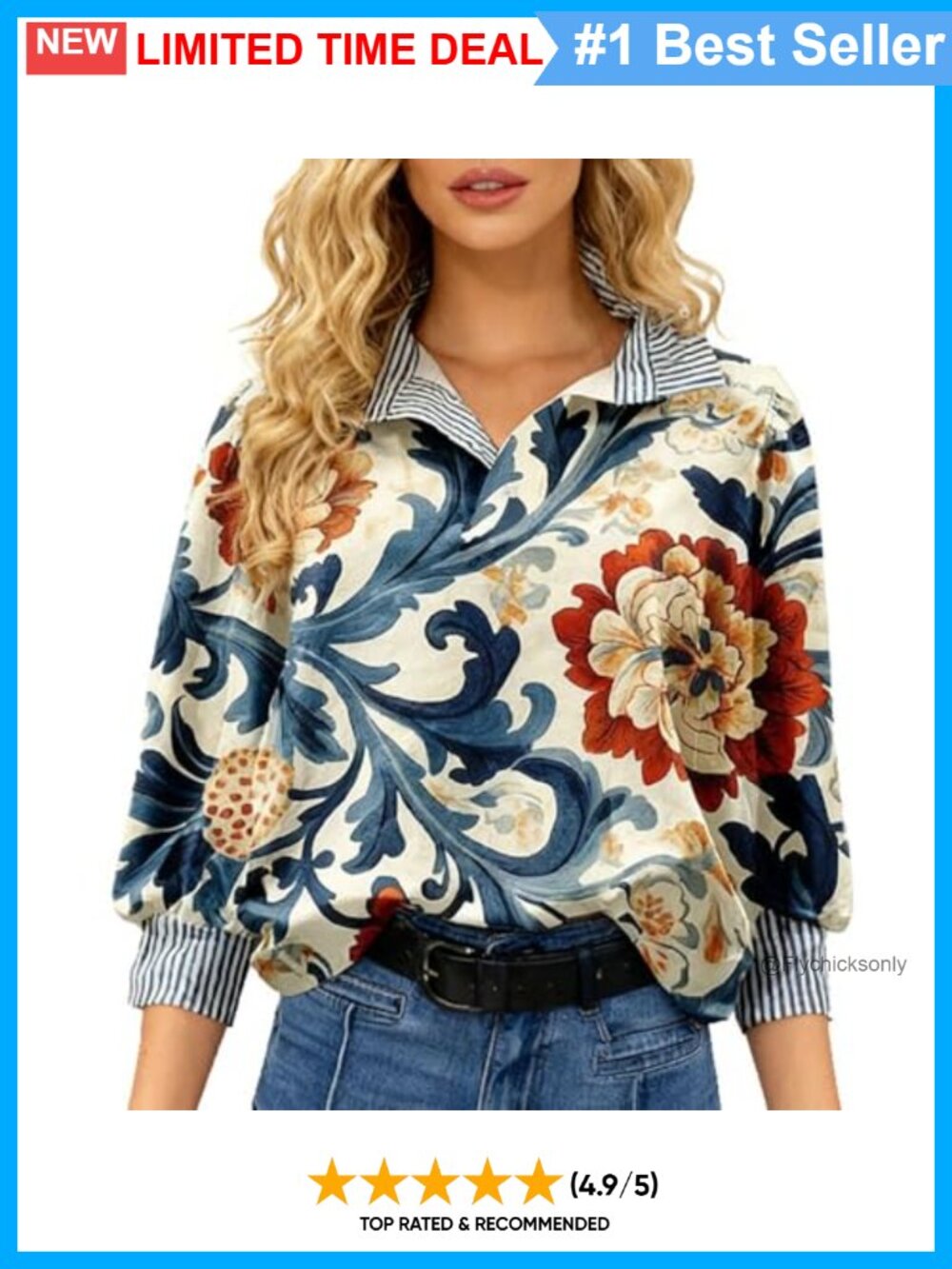 Floral Print Blouse Striped Collar Puff Sleeve Button Down Top